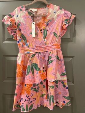 Pinch Pink Floral Faux-Wrap Mini Dress with Orange & Green Print